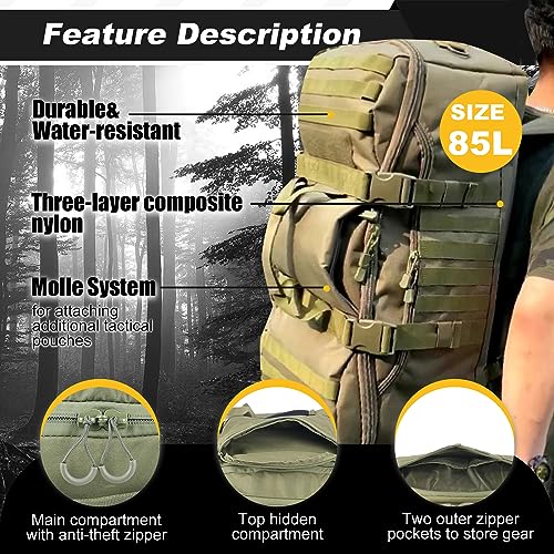 3 In 1 Tactical 85L Military Backpack Travel Duffle Bag for Weekender Gym Workout Deployment (Large (85L) / Green)