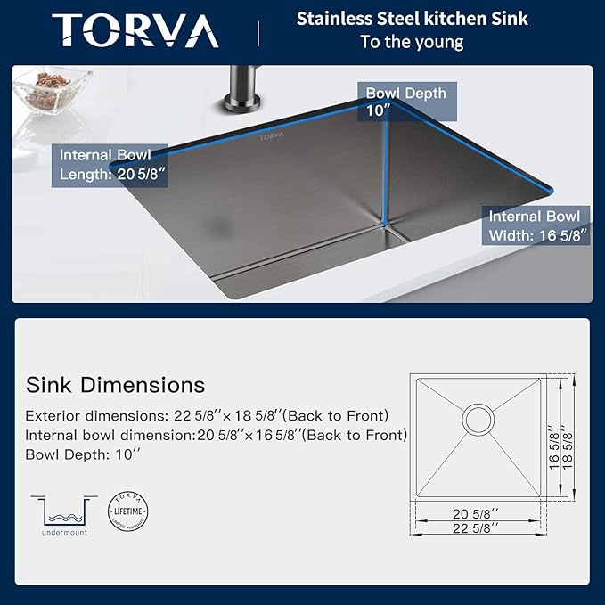 TORVA 22-Inch Undermount Kitchen Sink, Premium 304 Stainless Steel Bar Sink - Image 4