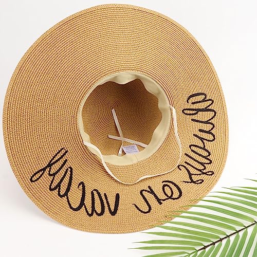 Big Straw Sun Hats for Women Floppy Foldable Roll up Beach Cap Sun Hat UPF 50+ Vacation Honeymoon Embroidered Hat (Ae Always on Vacay: Khakiv)