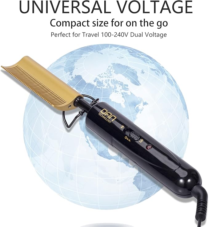 DAN Technology Curved Ceramic Hair Straightener and Heat Press Comb, 450°F Dual Voltage for Natural Black Hair, Portable for Travel & Home