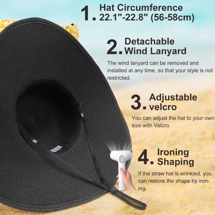 Beach Hats for Women Big Straw Wide Brim Summer Hat Floppy Foldable Roll up Cap Sun Hat UPF 50+ (Straw Fedora: Black, 4.7" Brim, 1 Pack)