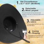 Beach Hats for Women Big Straw Wide Brim Summer Hat Floppy Foldable Roll up Cap Sun Hat UPF 50+ (Straw Fedora: Black, 4.7" Brim, 1 Pack)