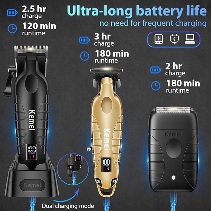 KEMEI Hair Clippers for Men Professional, Barber Clippers and Trimmers Set, Foil Shaver for Men,Cordless Hair Clippers and Barber Kit, Hair Cutting Kit, KM-2293Gold, KM-PG2290D, KM-T95
