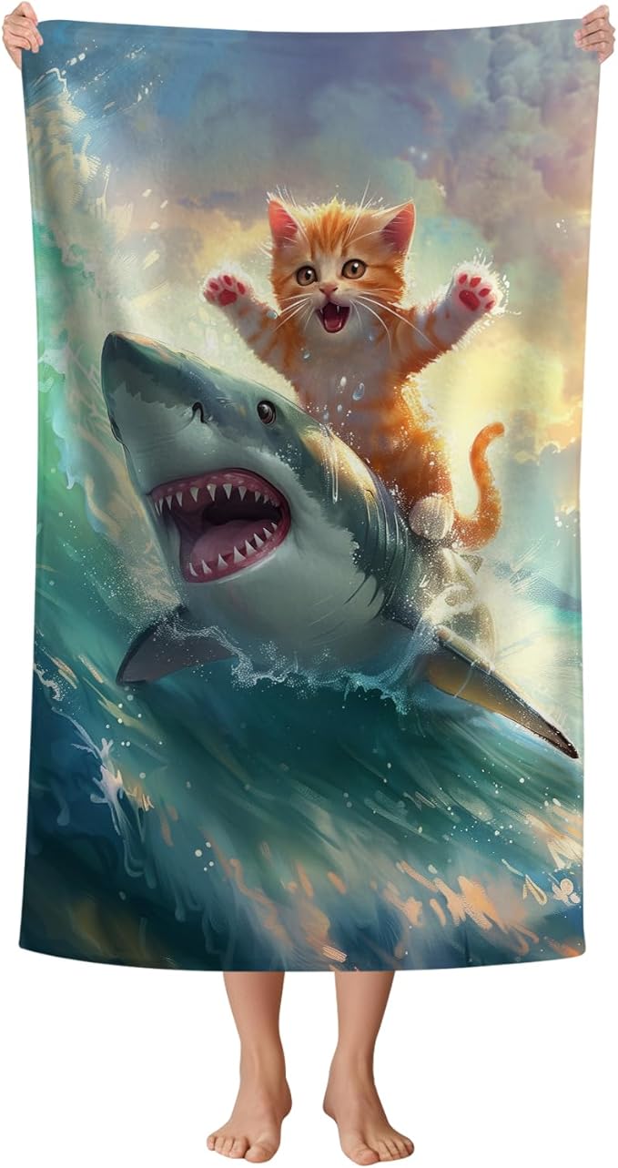 WZOMT Cute Cat Beach Towel, Microfiber Shark Beach Towel, Funny Cat Ride Shark by WZOMT