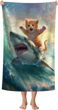 WZOMT Cute Cat Beach Towel, Microfiber Shark Beach Towel, Funny Cat Ride Shark by WZOMT