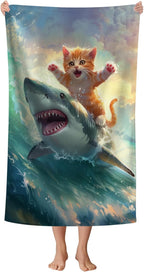 WZOMT Cute Cat Beach Towel, Microfiber Shark Beach Towel, Funny Cat Ride Shark by WZOMT