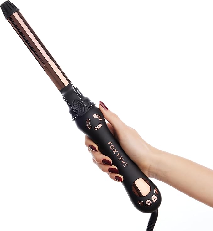 FoxyBae Rotating Curling Iron - Professional Automatic Hair Curler Wand for Long Hair w/Temp Control - 1” Titanium Barrel Hair Styling Tools for Silky Curls - Self Hair Curlers - [Black-Rose-Gold]