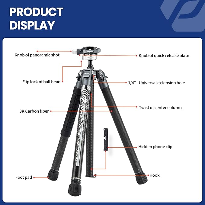 Fotopro Carbon Fiber Tripod 1.7lbs Ultralight 62 Inch Portable Compact Travel - Image 7