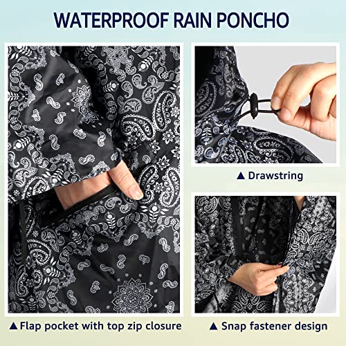 Waterproof Rain Poncho for Women Packable Hooded Raincoat with Pocket (Black Flower)