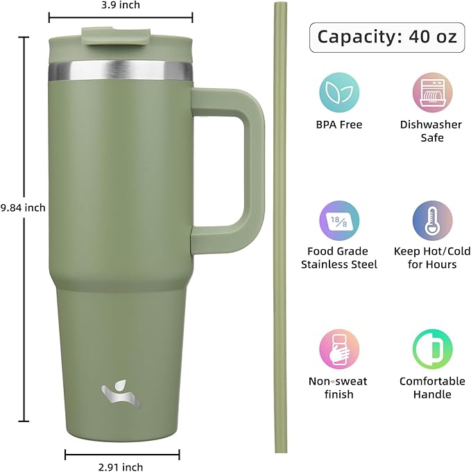 40 oz Tumbler with Handle and 2 Straws, 2 in 1 Lid Insulated Water Bottle - Image 4