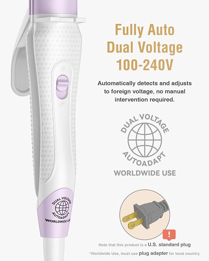 Europe Travel Curling Iron Mini: Dual Voltage Curling Iron for Traveling - Mini Travel Curling Irons 1 Inch with US Plug,Purple 390℉ for Fine/Damaged Short Hair