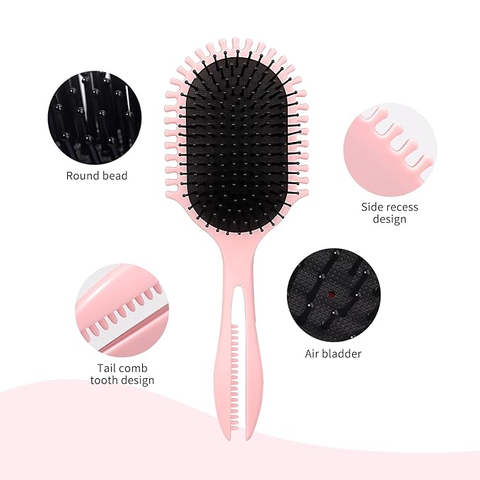 New Multifunctional Curly Hair Cushion Comb, 1Pc Oval New Air Cushion Comb WithHandle, Define Styling Brush,DetanglingHair Brush, Professional Hairstyle Comb, BouncingHair Brush (Black Pink)