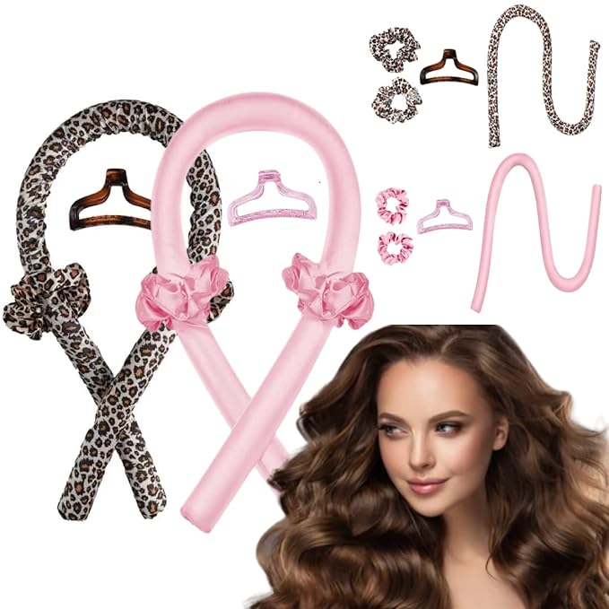 GADZHI Heatless Curling Rod Headband Heatless Hair Roller Curls Set for Long Hair No Heat Silk Hair Wrap Curler Ribbon for Overnight Sleep Hair Roller with Hair Claw Clip DIY Hair Styling Tools (2 set - leopard+pink)