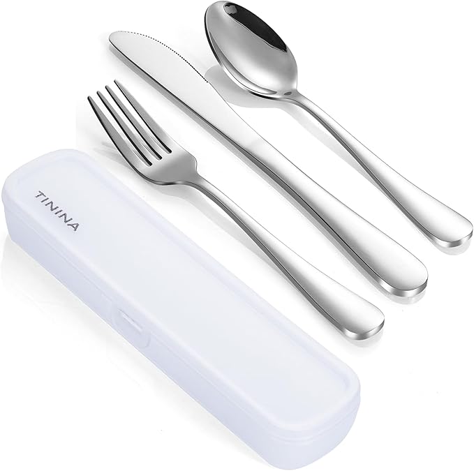 Travel Utensils with Case, 4-Piece Stainless Steel Portable Cutlery Set by TININA