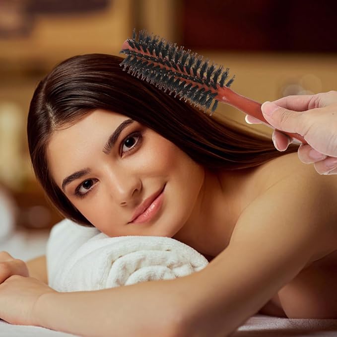 Round Boar Bristle Hair Brush 8.5 Inch Wooden Handle Curly Comb for Men and Women Styling Blow Drying Soft Hair Care