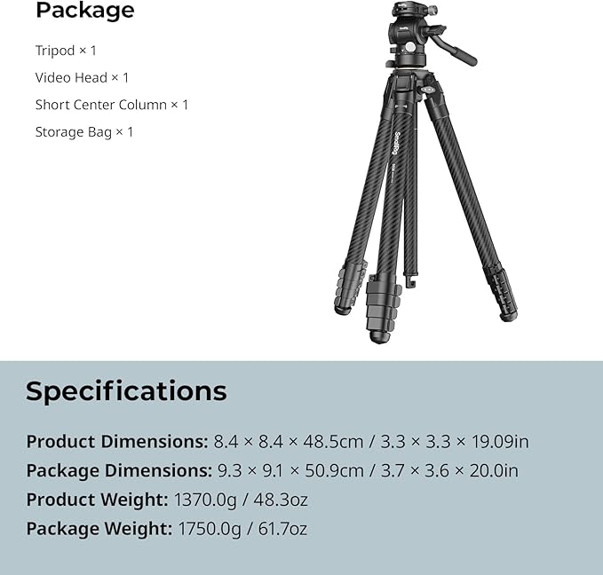 SmallRig Portable Carbon Fiber Travel Tripod Kit, 61.8'' Video Camera Tripod - Image 7