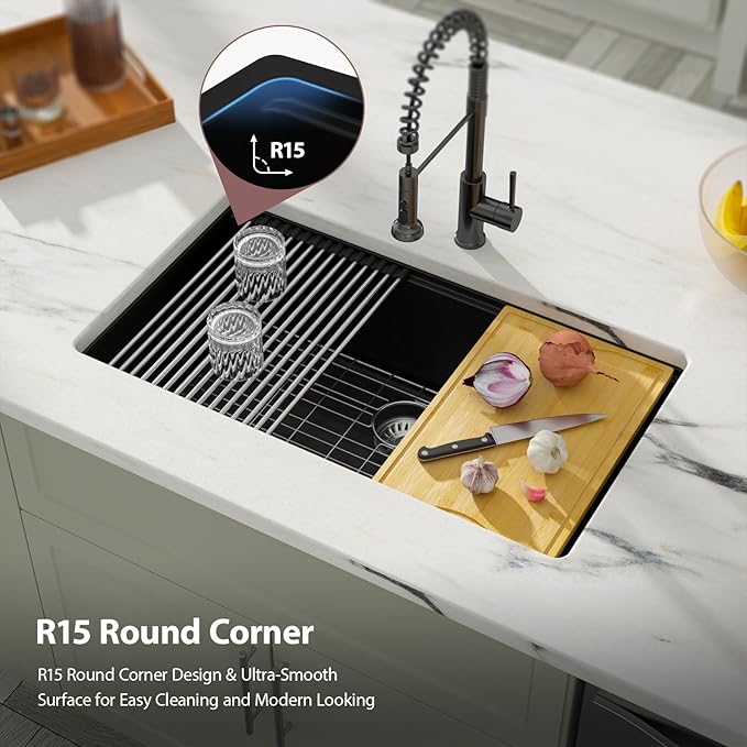 Dcolora 33 inches Granite Composite Kitchen Sink Workstation Black Undermount - Image 8