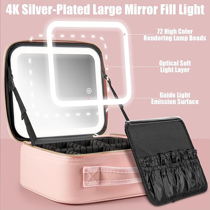 Makeup Travel Train Case with Mirror LED Light 3 Adjustable Brightness Large - Image 5