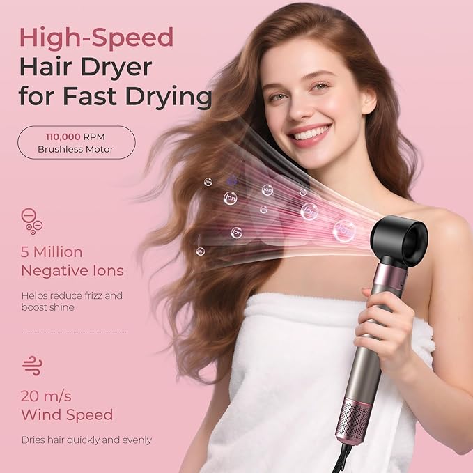 7-in-1 Hair Dryer Brush Blow Dryer, Hot Air Brush Styler with Travel Bag– Fast Drying, Curling, Straightening & Volumizing – 1500W High-Speed Motor 110,000 RPM – All Hair Types – Pink