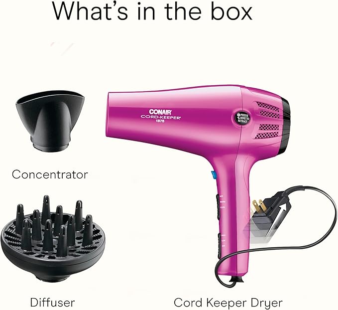 Conair Hair Dryer with Retractable Cord, 1875W Blow Dryer, 3 Heat Settings, 2 Speeds, Blow Dryer with Diffuser and Concentrator Attachments, Ionic + Tourmaline Technology, Pink