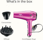 Conair Hair Dryer with Retractable Cord, 1875W Blow Dryer, 3 Heat Settings, 2 Speeds, Blow Dryer with Diffuser and Concentrator Attachments, Ionic + Tourmaline Technology, Pink