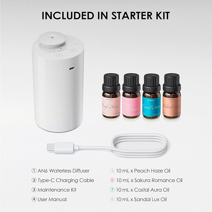 Airversa Waterless Essential Oil Diffuser Starter Kit with 4 x 10mL Fragrance Scent Oil, Battery Operated Mini Scent Air Machine Portable Diffuser for Home Car Office, AN6 White Kit01