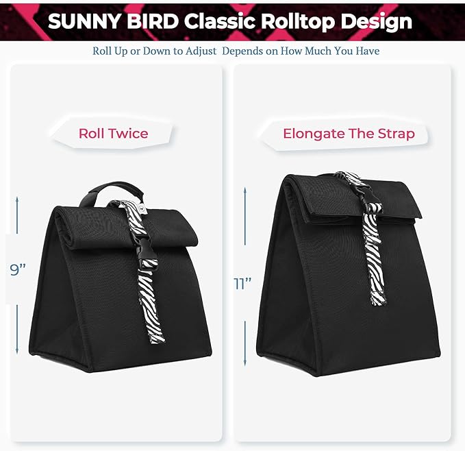 SUNNY BIRD Insulated Lunch Bag Rolltop Lunch Box Tote Bag - Image 5