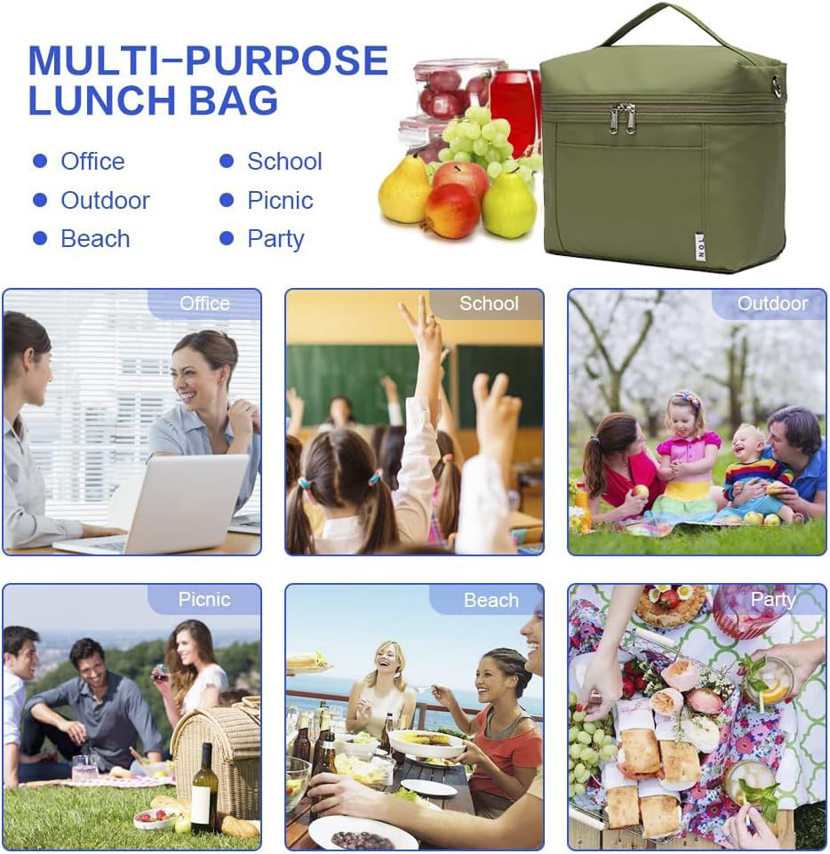 NOL Insulated Lunch Bags for Women Cooler Bag Lightweight Nylon Waterproof Lunch Box for Work (Amy green / Small (4 Liters))