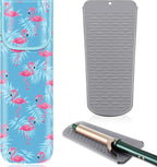 Shappy 2 Pcs Heat Resistant Hair Tools Bag Curling Iron Travel Case Cover Neoprene Flat Iron Holder Travel Case and Silicone Mat Pouch for Hot Hair Tools Storage Organizer(Flamingo Style)