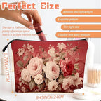 Cosmetic Bags Travel Makeup Toilet Case Waterproof Pouch for Women Girls 6.7X9.45inches - Assorted Pale - Colored Flowers on A Red Ornamental Background