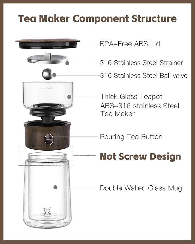 ZENS Modern Glass Infuser Teapot, One Touch Tea Maker - Image 6