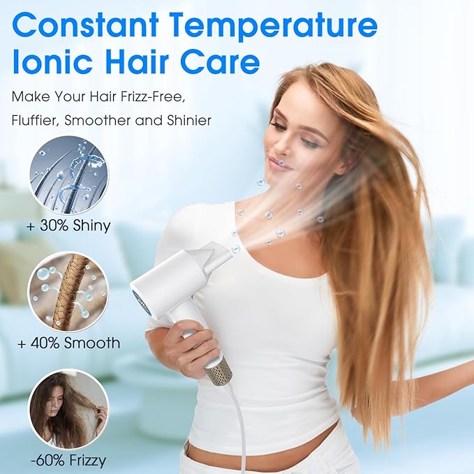 Hair Dryer, 1500W High Speed 110000 RPM Blow Dryer with Plasma Tech (Positive+Negative Ionic), LCD Display, 5 Modes, Thermo-Control, Low Noise, Fast Drying Travel Hair Dryer for Home or Travel(White)