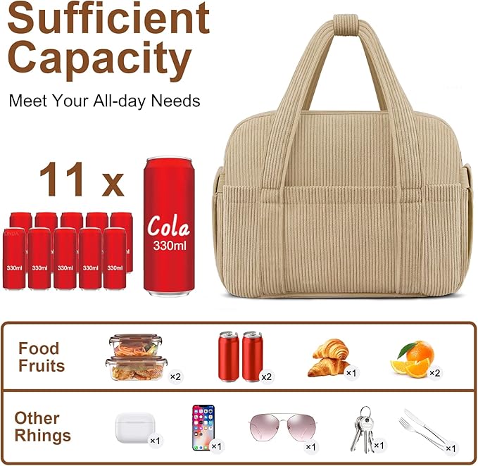 Corduroy Lunch Box Lunch Bag for Women Men, Cute Strawberry Small Insulated - Image 2