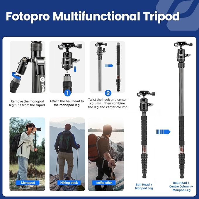 Fotopro 59" Carbon Fiber Travel Tripod, Lightweight Compact Camera Tripod - Image 3