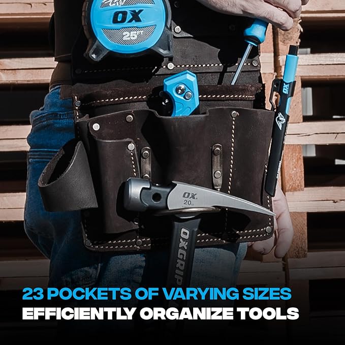 Ox Pro Drywall Tool Belt - 22-Pocket Leather Tool Belt Pouches - Made of Oil-Tanned Leather with Double-Stitching and Steel Rivets - OX-P263804