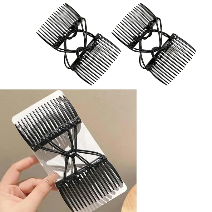 2Pcs Stretchy Comfy Hair Comb Clips, Double Slide Hairpins, Double Comb for Curly Wavy Hair - No Slip, Ouchless,Adjustable & Simple Long Lasting Updo's Black Elastic No Crease, Styling Accessories