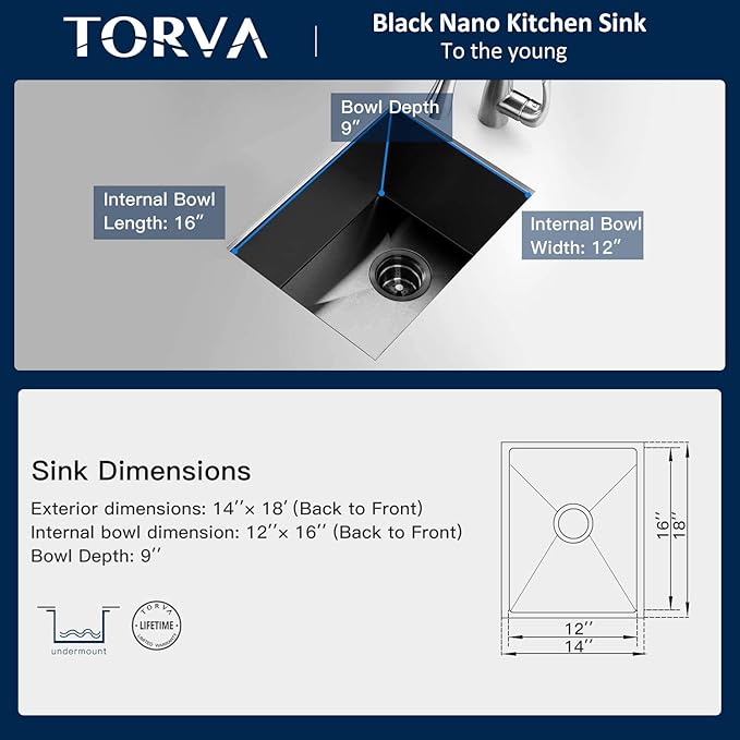 TORVA Bar Sink, TORVA 14 x 18 Inch Undermount Kitchen Sink, Gloss Black PVD - Image 3