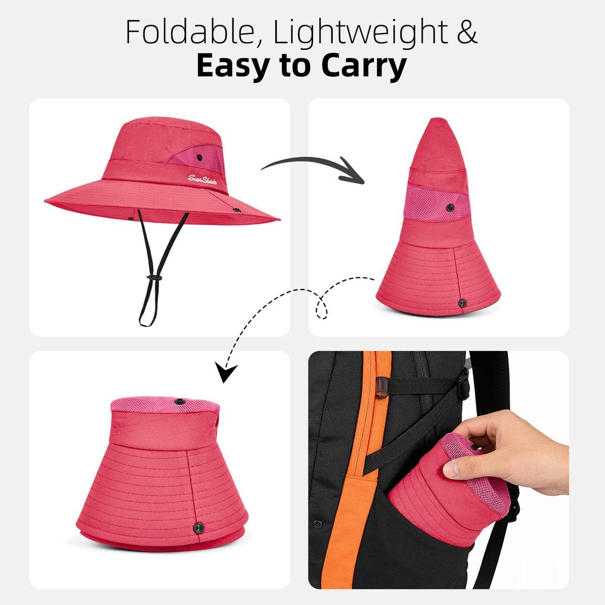 Ponytail Sun Bucket Hats for Women UV Protection Foldable Wide Brim (1 Pack-pure Watermelonred)