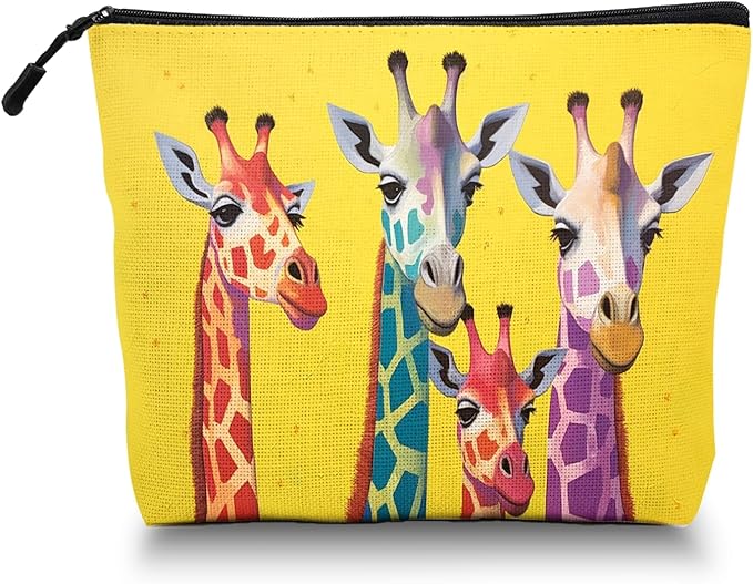 Cosmetic Bags Travel Makeup Toilet Case Waterproof Pouch for Women Girls 6.7X9.45inches - Colorful Giraffes Against A Yellow Background