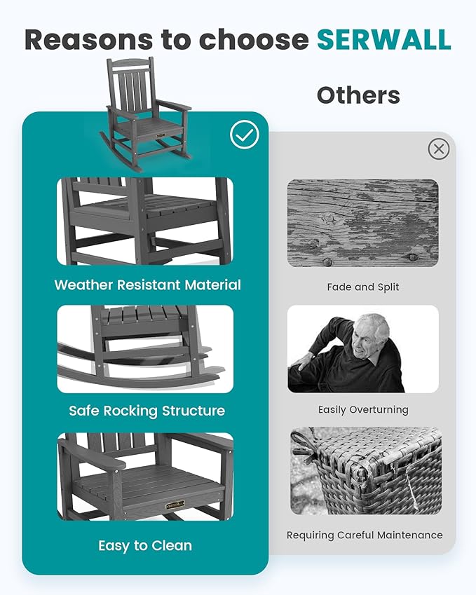SERWALL Outdoor Rocking Chair Set of 2, HDPE Patio Rocking Chair All-Weather - Image 6