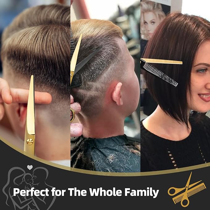 Hair Cutting Scissors Kit - 9 PCS Professional Haircut Scissors Set with Stainless Steel Straight and Thinning Shears for Home, Salon, and Barber Use (Black & Gold)