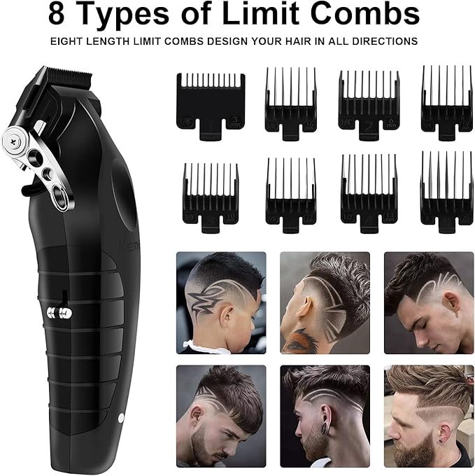 KEMEI Black Hair Clippers for Men， Adjustable Blade Cordless Clipper Professional Barber Clippers， USB Rechargeable Wireless Haircut Clippers km-2296