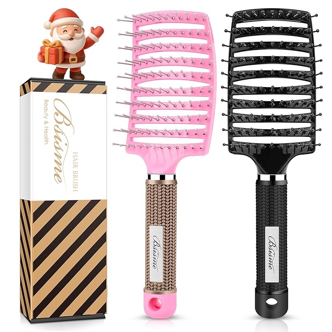 Hair Brush Set, Curved Vented Detangling Hair Brushes for Women Men Kids, Professional Vent Styling Brush for Wet Dry Curly Thick Straight Hair Fast Blow Drying Brush (Pink+ Black)