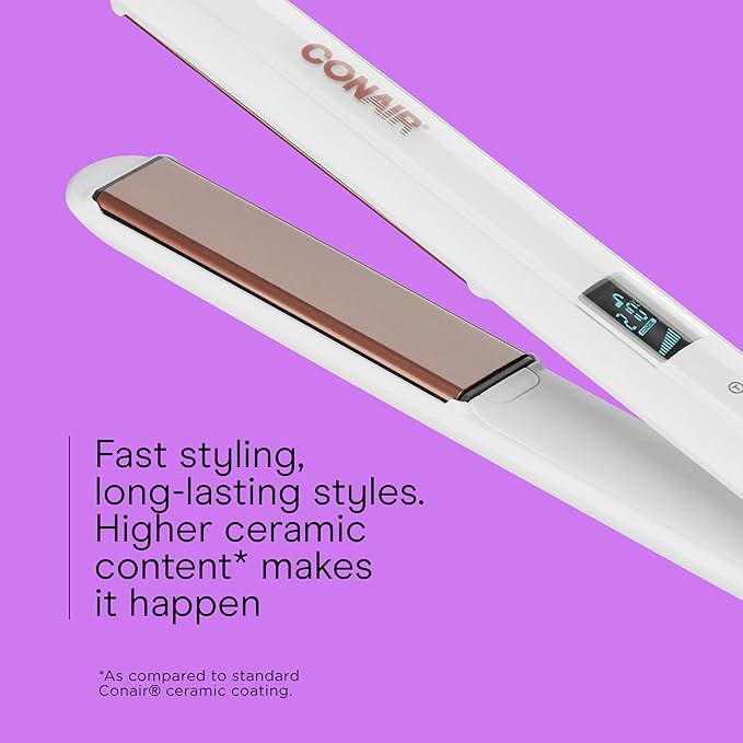 Conair Double Ceramic Flat Iron, 1-Inch Flat Iron, 5 Digital Temp Settings Up to 410°F, Extra-Long Plates, For All Hair Types and Textures, White