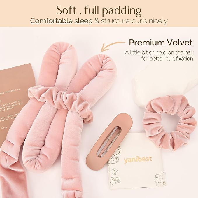 Yanibest Heatless Hair Curler, No Heat Hair Curlers to Sleep in, Super Soft Ribbon Wrap for Long Hair, Overnight Heatless Curling Set with Scrunchies and Clip, for All Hair types(Pink)