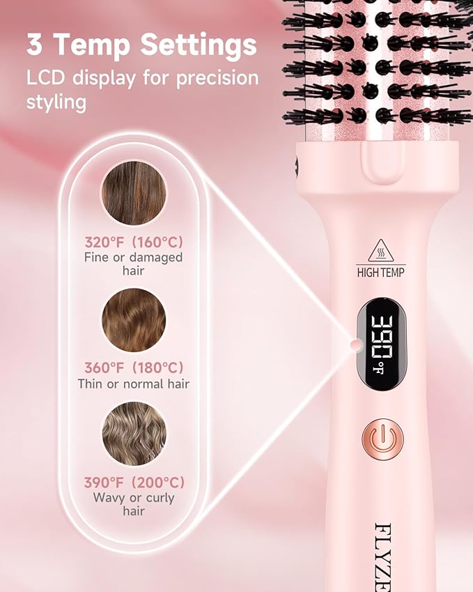 Thermal Brush, FLYZEMAA 1.5 Inch Heated Round Brush for Long Dry Hair, Heated Brushes Straightener with 3 Temp Settings, Blowout Brushes for Curling & Volumizing, Anti-Scald Nylon Bristles(Pink)
