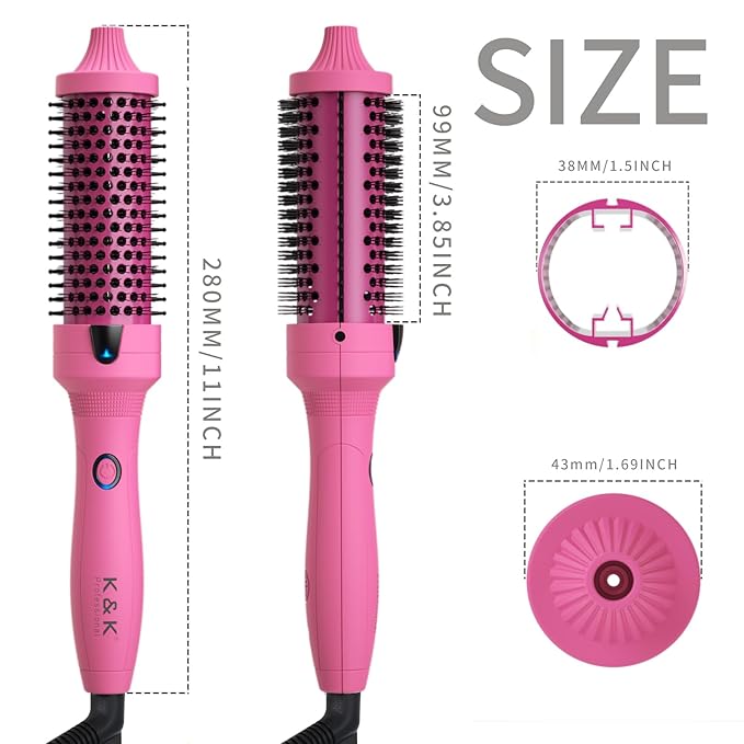 K&K Thermal Brush, 1.5 Inch Ionic Heated Round Brush, Professional Heated Ceramic Tourmaline Coating Curling Iron, Hot Styling Volumizing Tool, Dual Voltage, Pink