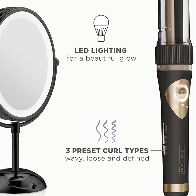 Conair Limited Edition Bundle | INFINITIPRO by CONAIR Curl Secret Automatic Curling Iron in 3/4-inch Barrel - and - Conair Lighted Makeup Mirror | Black | Amazon Exclusive