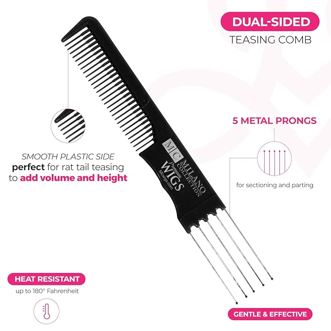 Milano Collection Professional Wig and Extension, No Tangle, Durable, Salon Grade Brush and Teasing Comb Duo, Brush and Comb Set - Black