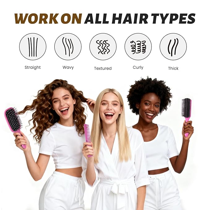 4Pcs Detangling Brush Set for Women - Paddle Brush for Wet or Dry Straight, Long, Thick, Curly, Natural Hair, No More Tangles (Pink)